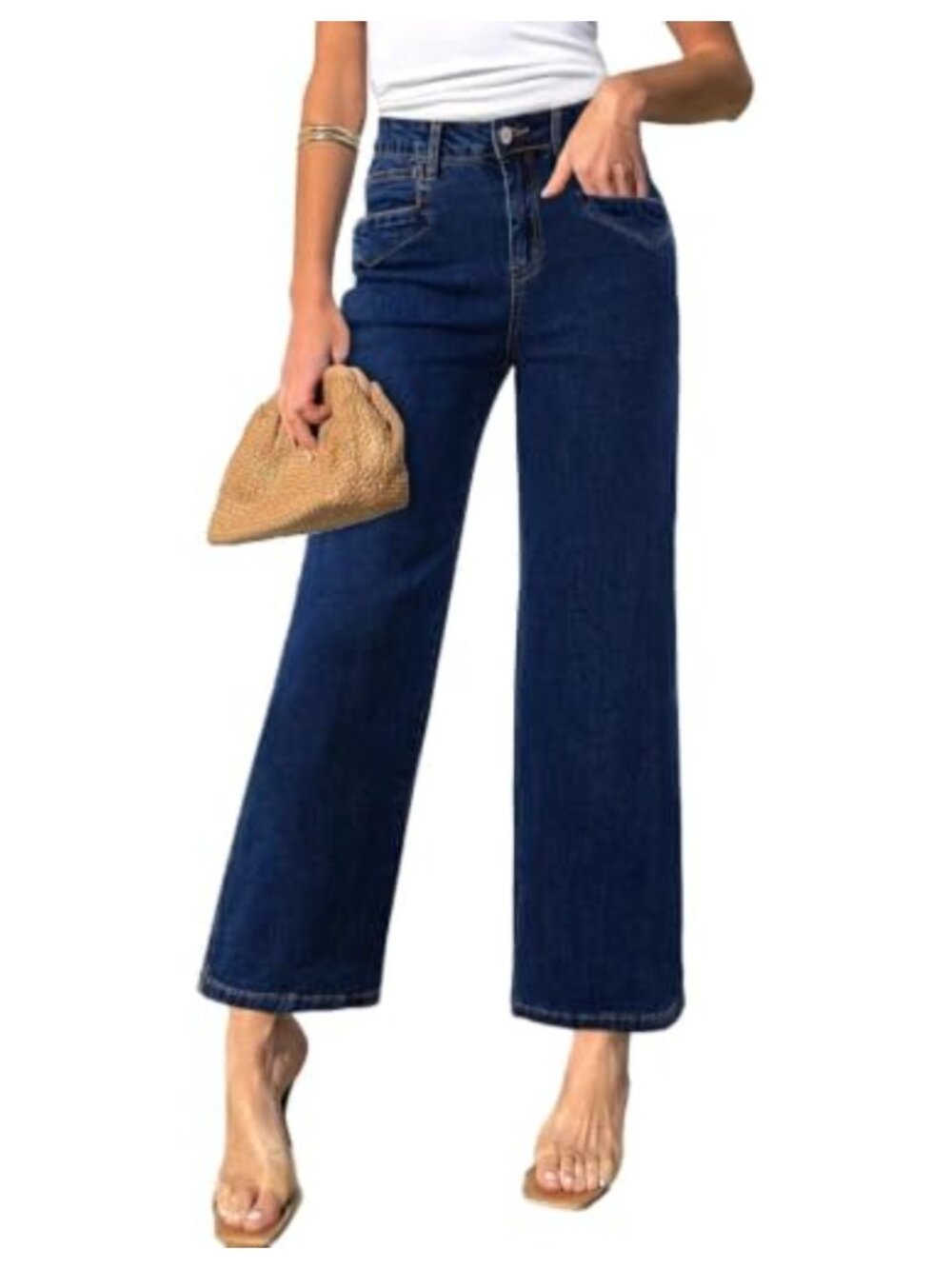 Wide Leg High Waisted Stretchy Jeans Relaxed Fit Slant Pockets Zipper Button
